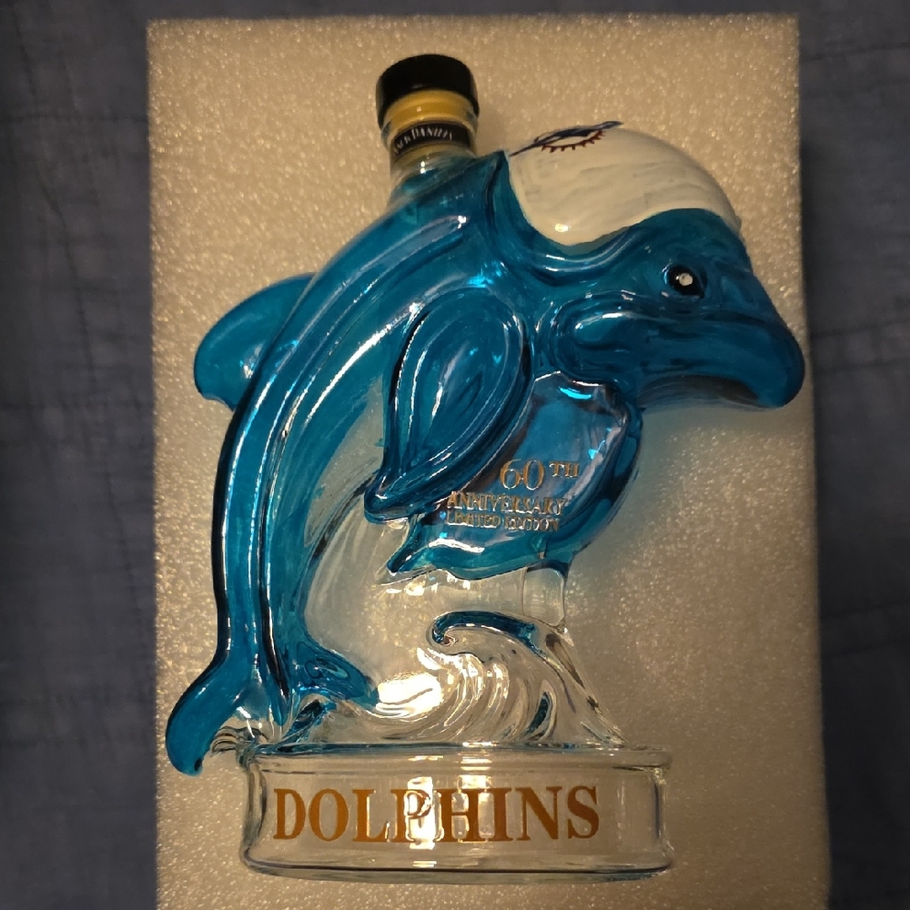 Blue Miami Dolphin Glass Bottle 60th Anniversary Limited Edition Decanter New